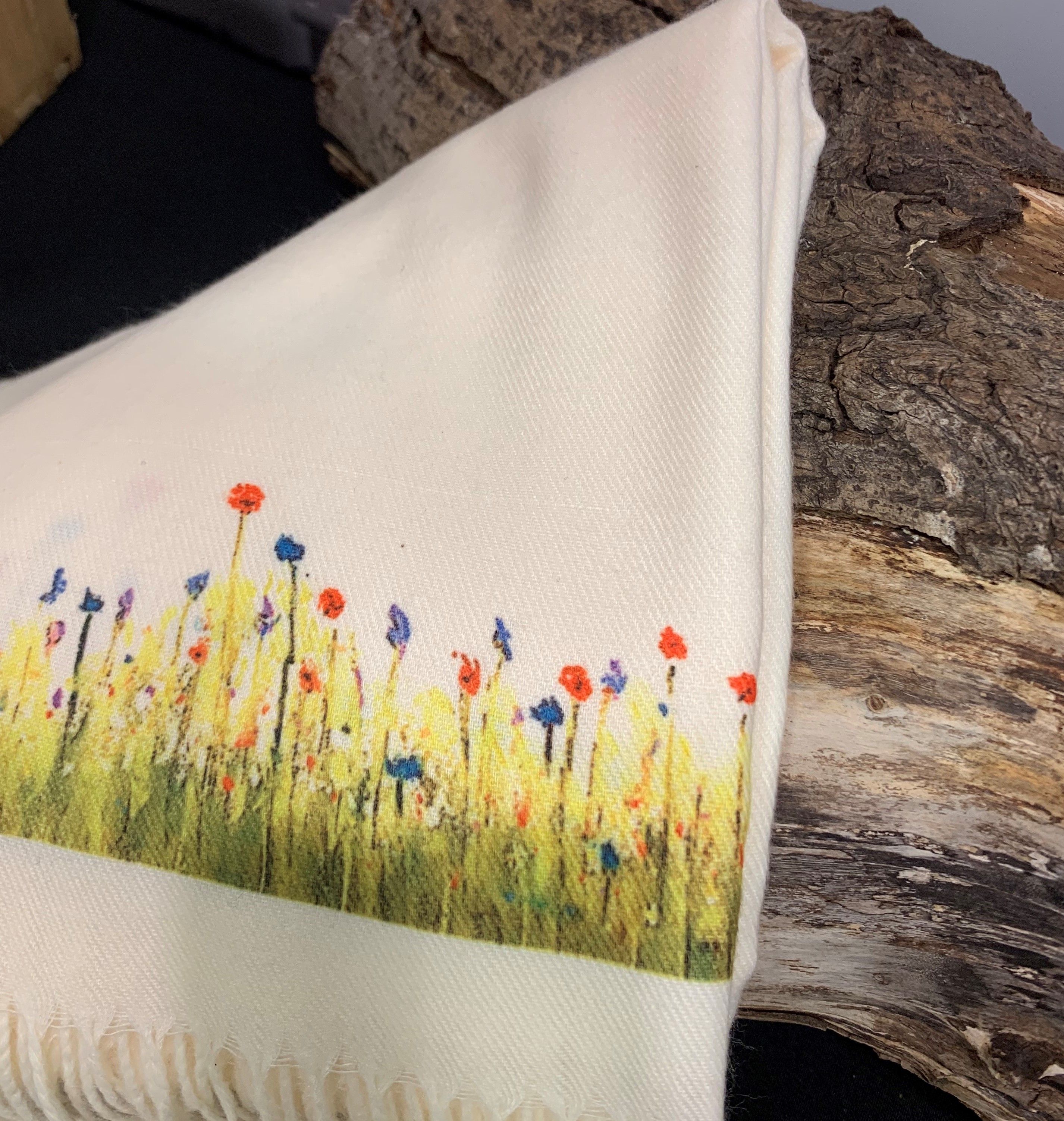 Wildflowers handprinted on a Cashmere 'Feel' Scarf